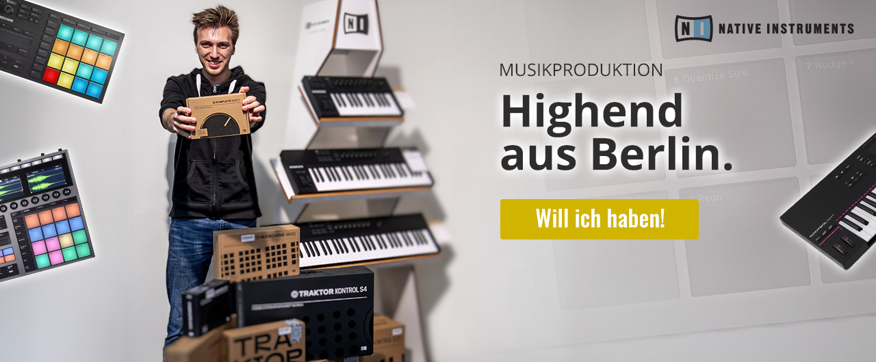 Ein Mann mit vielen Produktkartons. Rechts daneben der Text: Native Instruments: Musikproduktion – Highend aus Berlin. Will ich haben!
